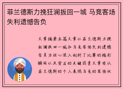 菲兰德斯力挽狂澜扳回一城 马竞客场失利遗憾告负