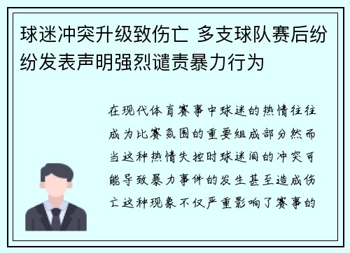 球迷冲突升级致伤亡 多支球队赛后纷纷发表声明强烈谴责暴力行为