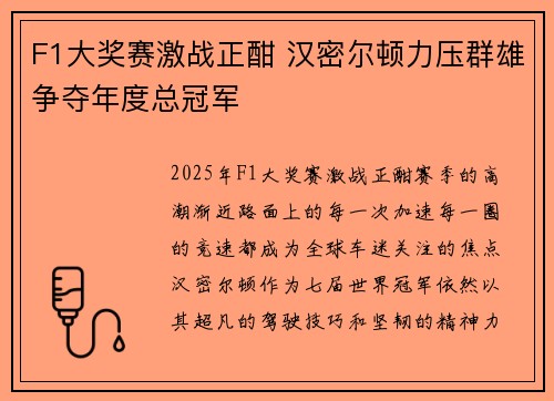F1大奖赛激战正酣 汉密尔顿力压群雄争夺年度总冠军