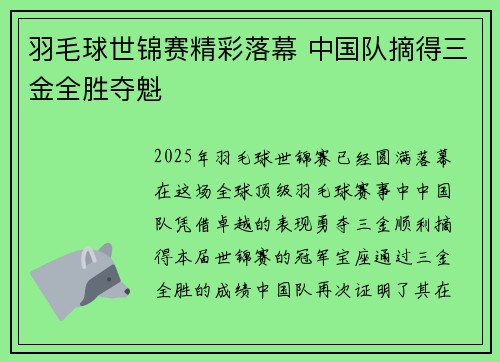 羽毛球世锦赛精彩落幕 中国队摘得三金全胜夺魁