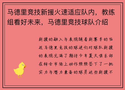 马德里竞技新援火速适应队内，教练组看好未来，马德里竞技球队介绍